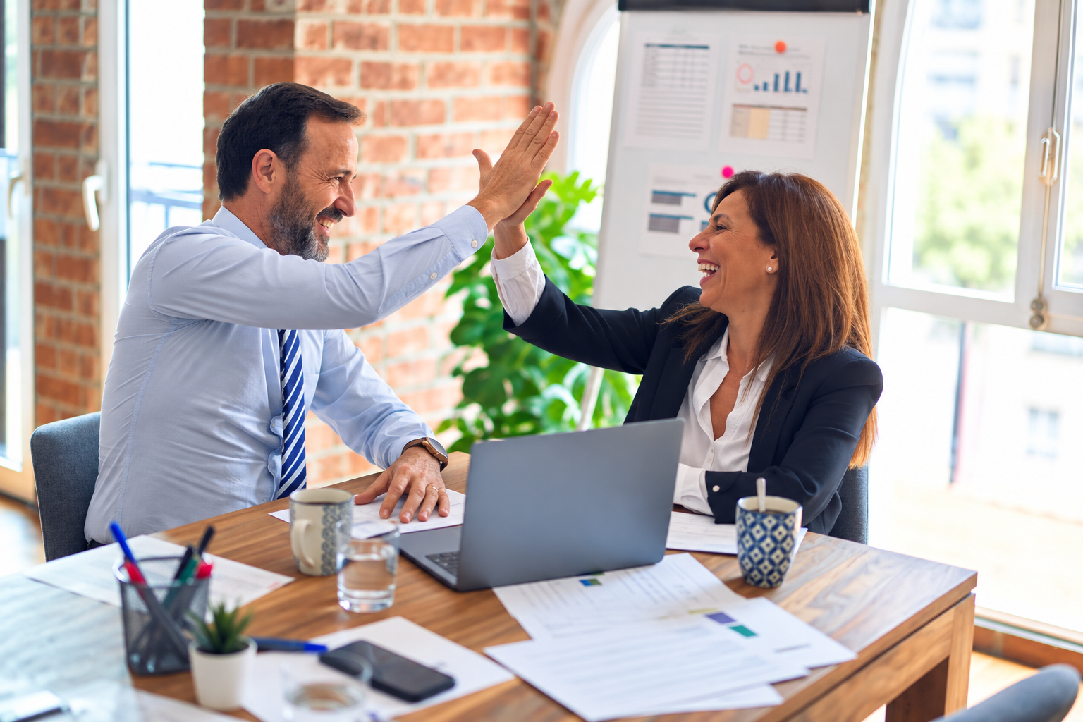 Professionals collaborating in a bright modern office
